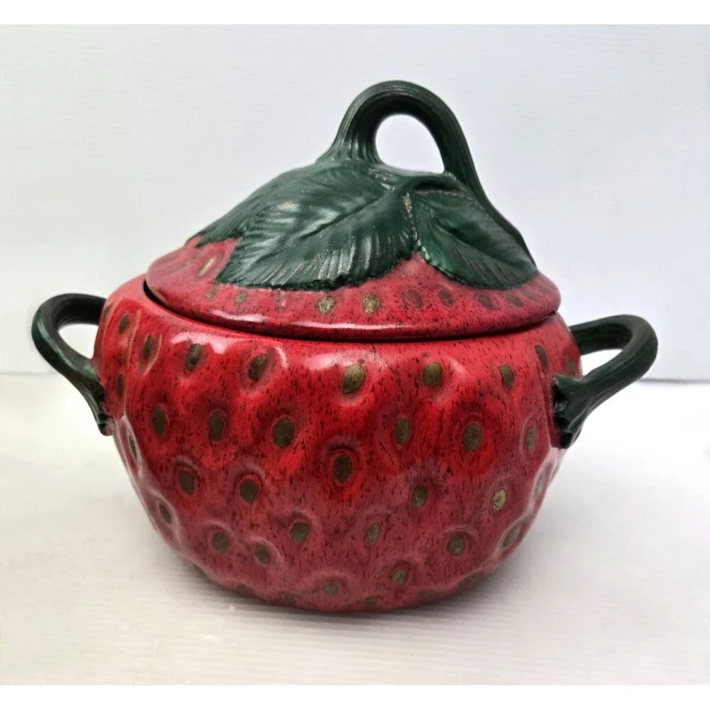 Vintage 1970s Ceramic Strawberry  Serving Bowl Cookie Jar w/ Lid 11